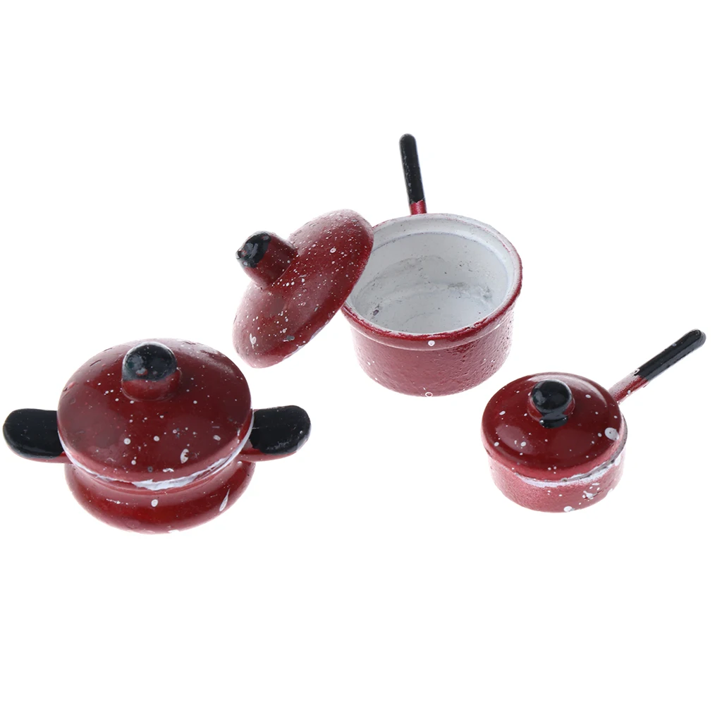 1/12 Scale 3 Pieces Metal Spotted Red Pan Cookware Set Dolls House Miniature Home Kitchen DIY Rooms Accessories Decoration