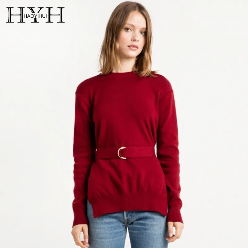 HYH Haoyihui Fashion Europe And America Solid Color Split On Both Sides Detachable Belt Long Sleeve Round Neck Pullover Sweater | Женская