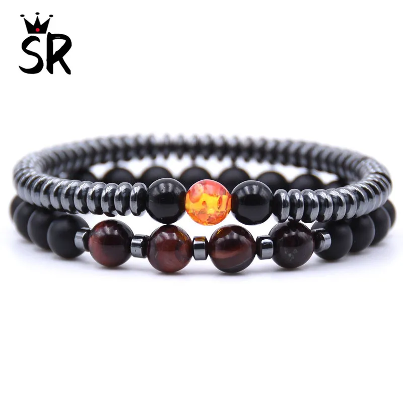 

2pcs/Set Black Natural Stone Beaded Bracelet 8mm Bead Healing Hematite Bracelets for Men Women Elastic Rope Charm Jewelry Gift
