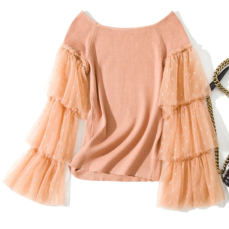 Solid mesh patchwork elastic knit sweater shirts 2018 new flare sleeve slash neck women autumn short sweater 