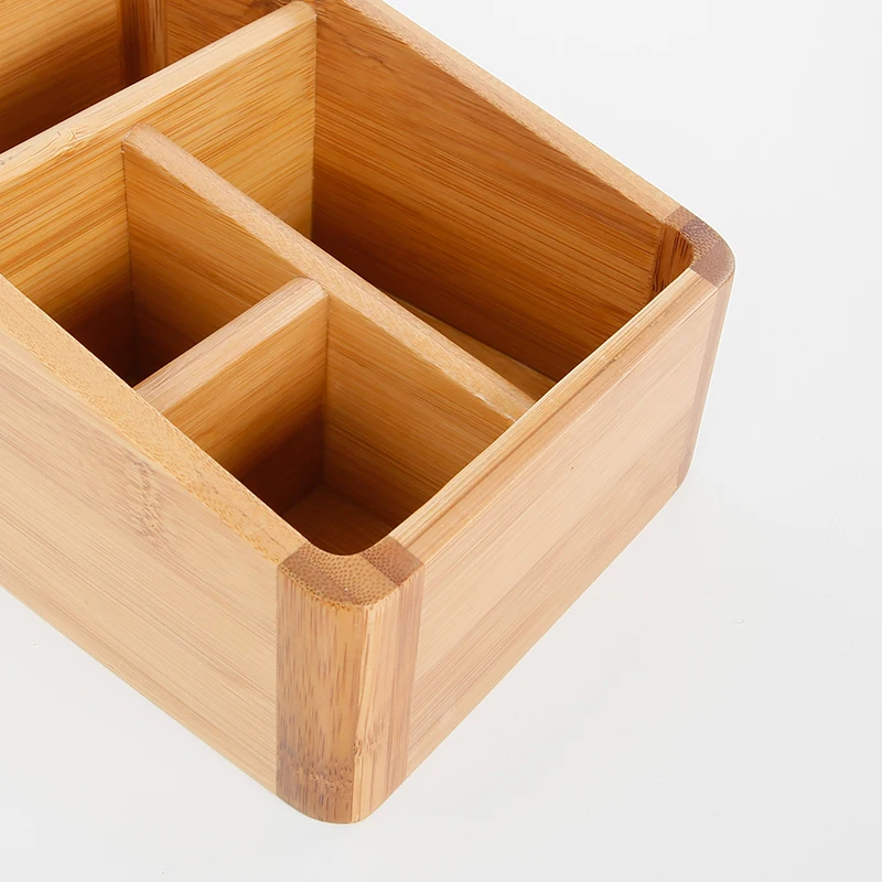 Bamboo Storage Box Table Organizer 4 Slots MultiUse Storage Box Wood Office Organizer Remote Controller Holder airtight container