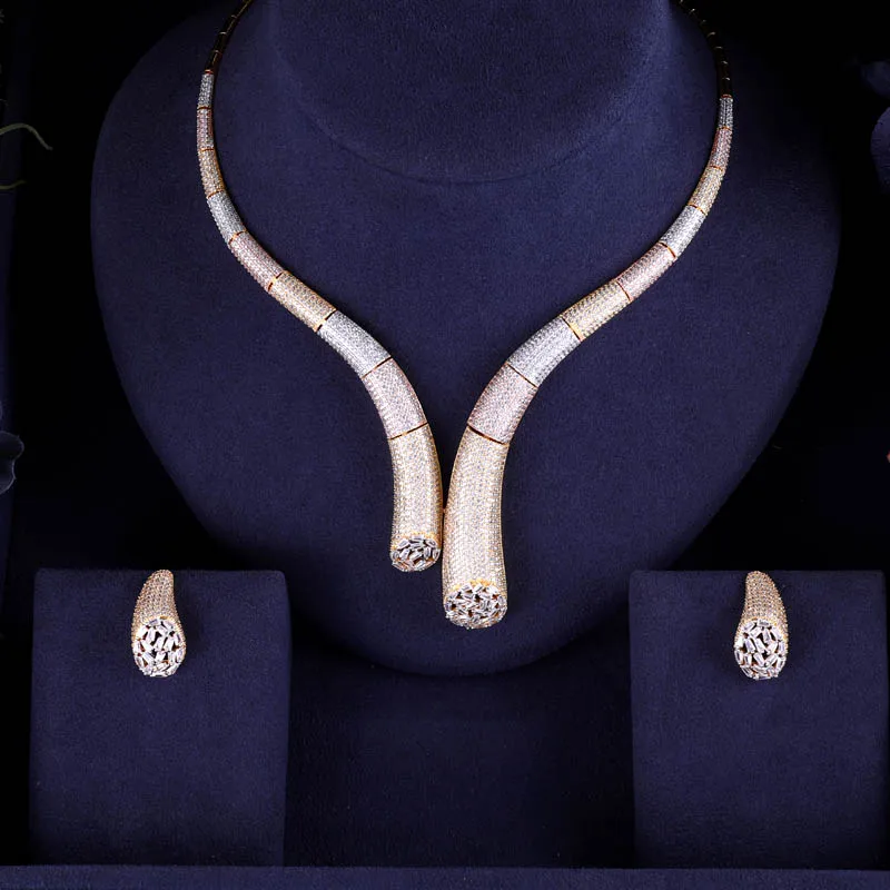 

ACCKING Fashion design cubic zirconia 3 tone color necklace earrings full jewelry set for women bridal dress dinne accessoryr