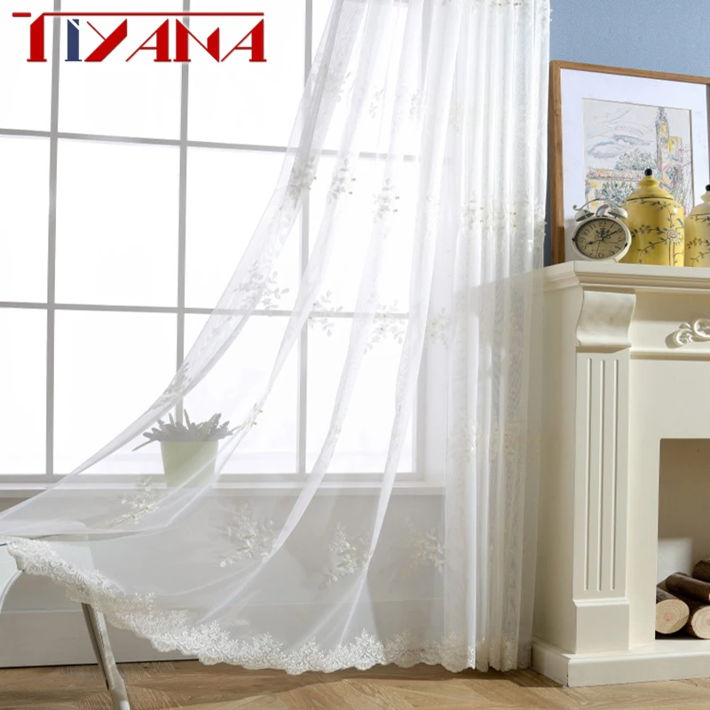 Новая вышитая белая вуаль, отвесные занавески с жемчугом, прозрачный Цветочный Тюль для гостиной, спальни, Visillos Cortinas wp226& 2