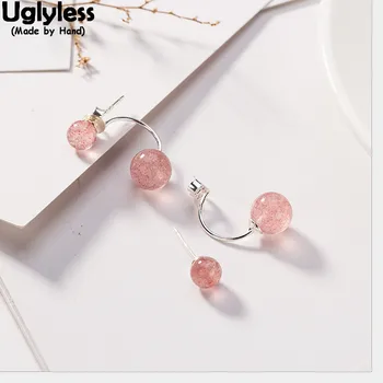 

Uglyless Natural Pink Strawberry Quartz Balls Stud Earrings for Women Genuine 925 Silver Dual Use Detachable Studs Fine Jewelry