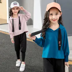 Новый весенний спортивный комплект с длинными рукавами для девочек-подростков, свитер с капюшоном для маленьких девочек, костюм детская