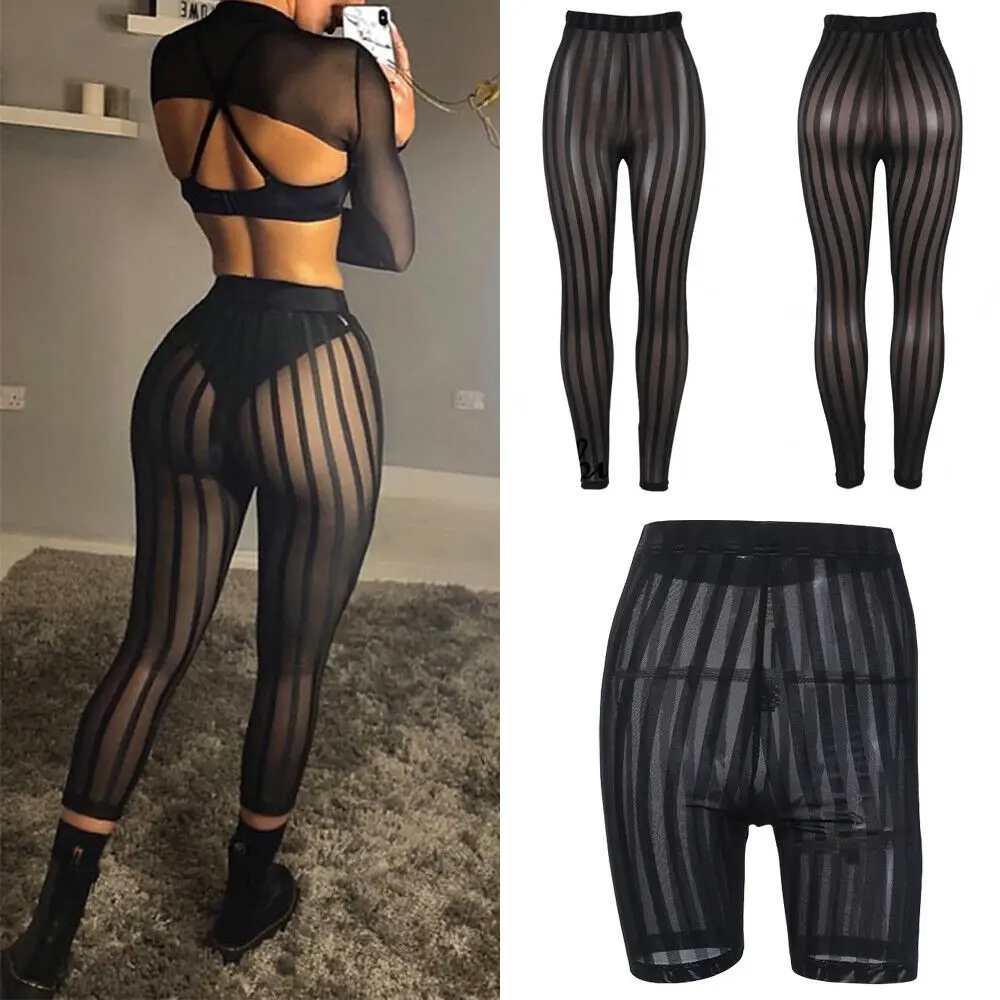 

Women Mesh Striped Long Pant Slim Leggings Trouser Bikini Bottom Cover Up Elastic Beach Pants Swimwear Chiffon See-Through Suit