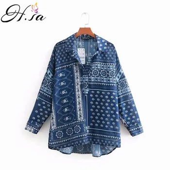 

H.SA Women Summer Long Blouse and Tops Turn Done Collar Navy Blue Tattoo Print Loose Oversize Blusa Button Flower Tops 2019