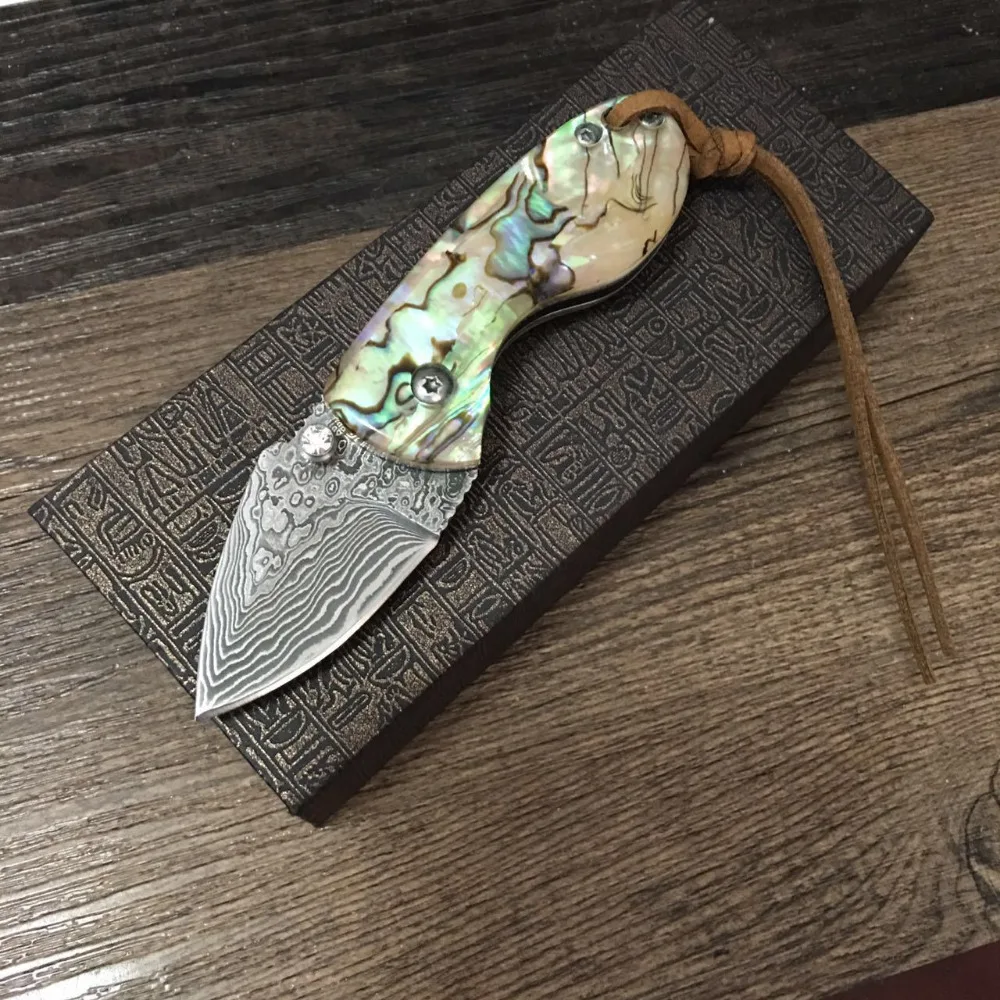 

Utility Knife Gift Outdoor survival knife Handmade Damascus steel blade Mini Pocket Folding Camping Knives with Shell Handle