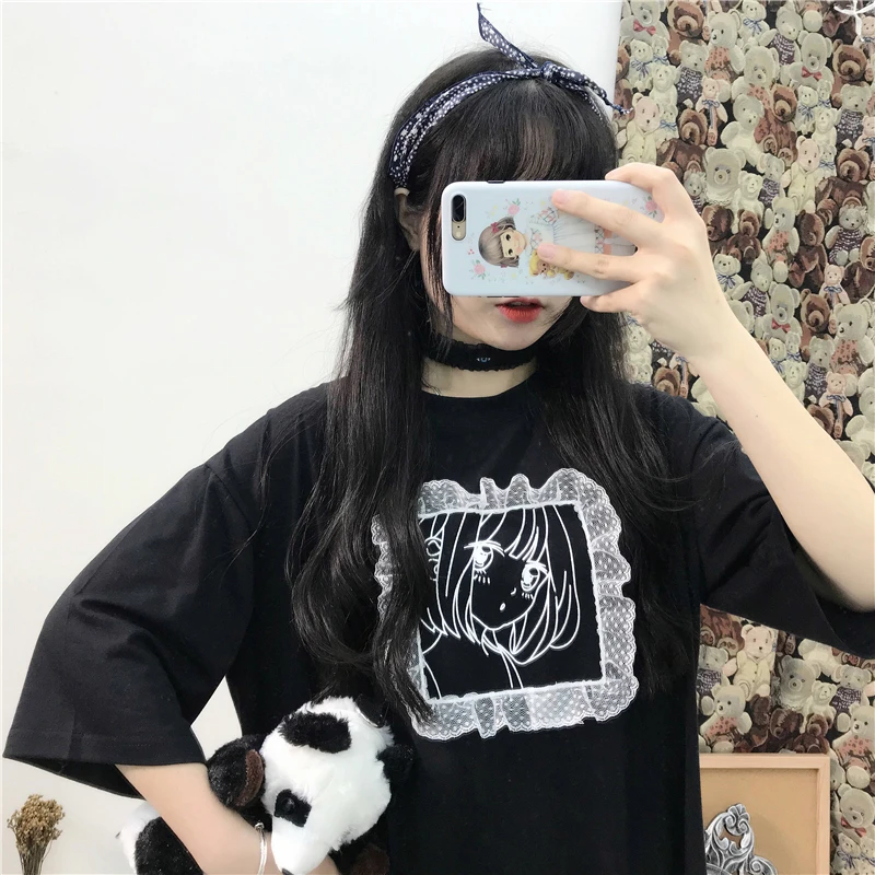 Japanese Sweet Long Tshirt Cute Clothes for Women Summer Oversized Loose Bandage T Shirt Black White Cartoon Graphic Tees Women