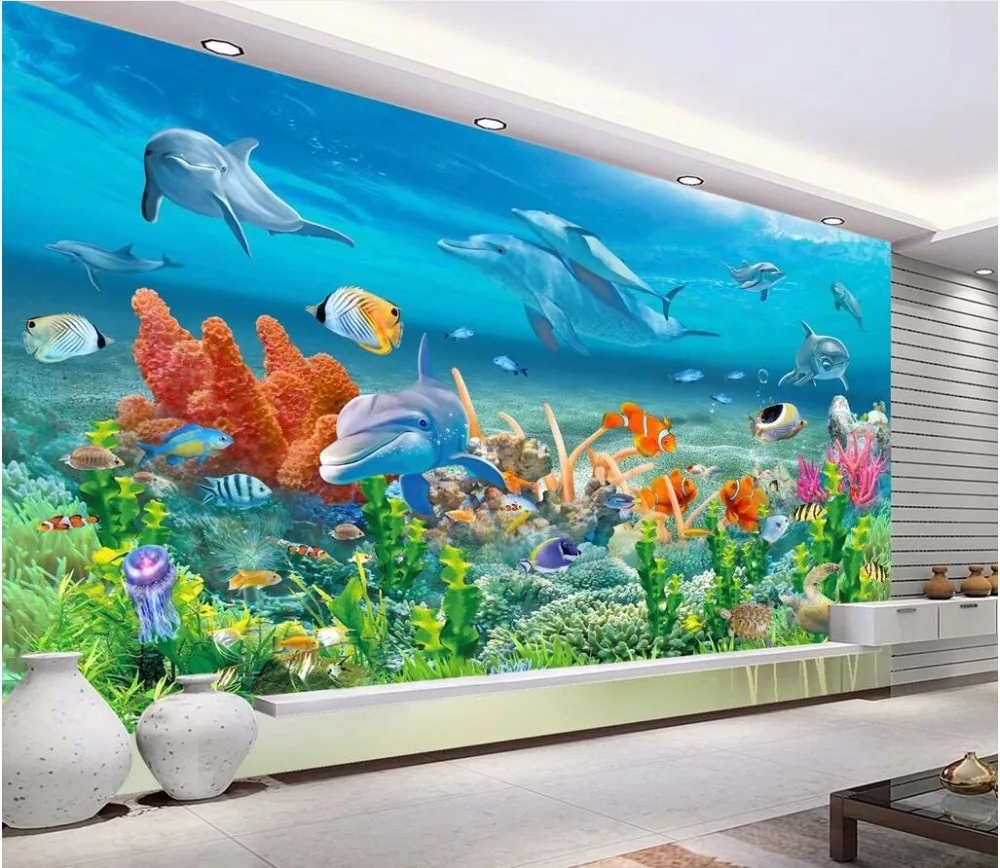 Kustom Mural Foto 3d Dinding Kertas Gambar Dolphin Ikan Karang Hidup