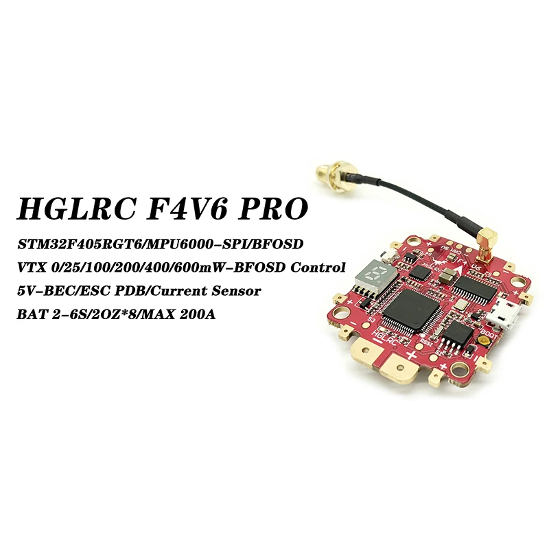 

HGLRC F4 V6PRO Flight Controll 0/25/100/200/400/600mW 5.8G 48CH Switchable FPV Transmitter/5V 3A BEC PDB 2-6S FC & VTX Model