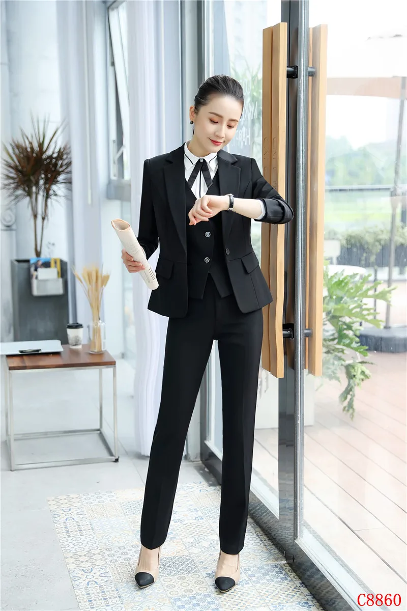 Формальные Для женщин Бизнес костюмы дамы 3 предмета жилет, брюки и куртка комплект Повседневная обувь жилет черный блейзер