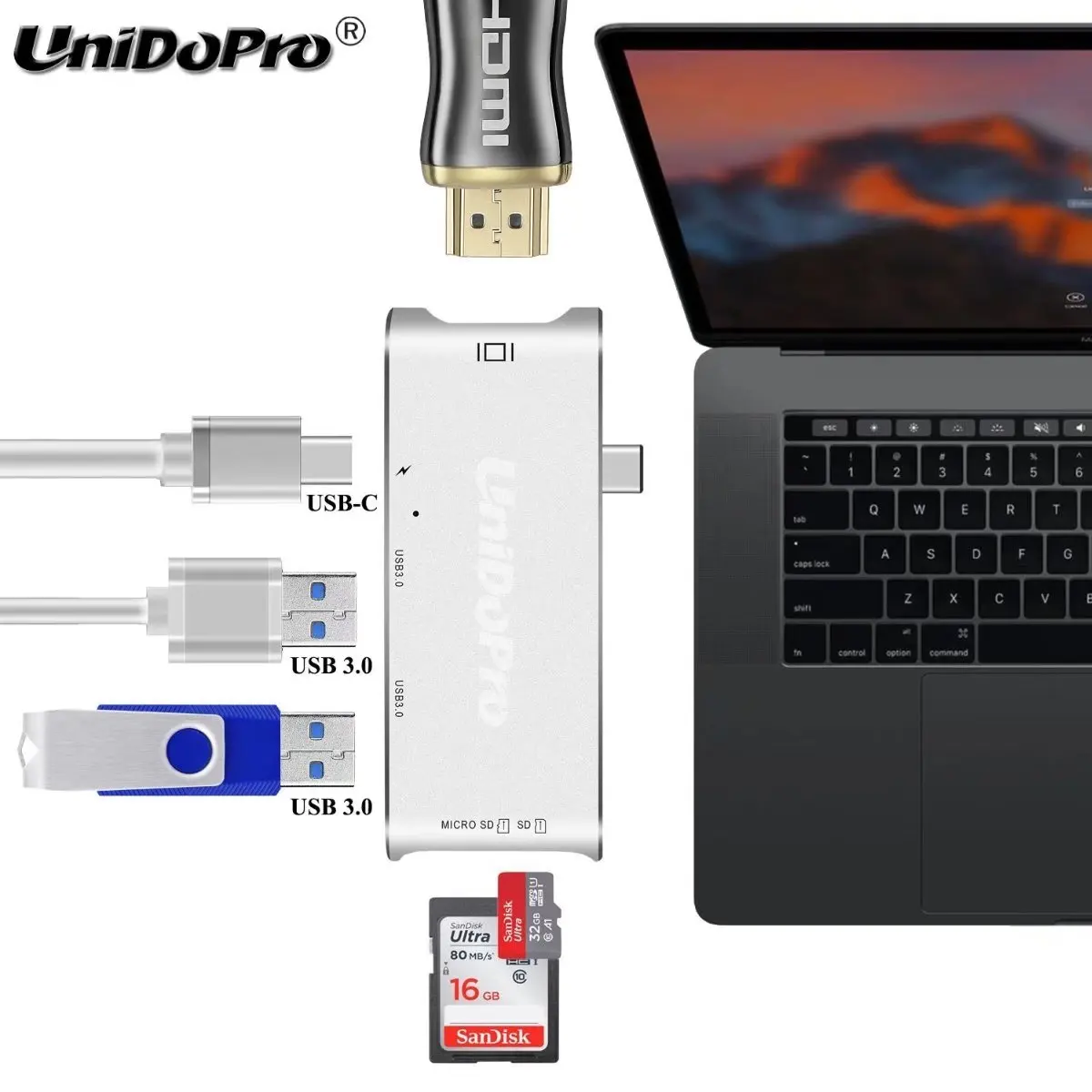 USB-C концентратор адаптер ж/HDMI 4 К + 2-Порты и разъёмы USB 3.0 и SD Card Reader для Samsung/Google/Acer/HP/Dell/ASUS/Lenovo/MSI latpop