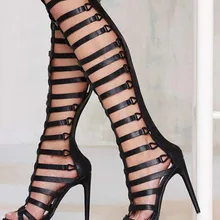 Женские модные дизайнерские черные кожаные сапоги-гладиаторы до колена с открытым носком и ремешками ботинки с вырезами на тонком высоком каблуке модельные туфли