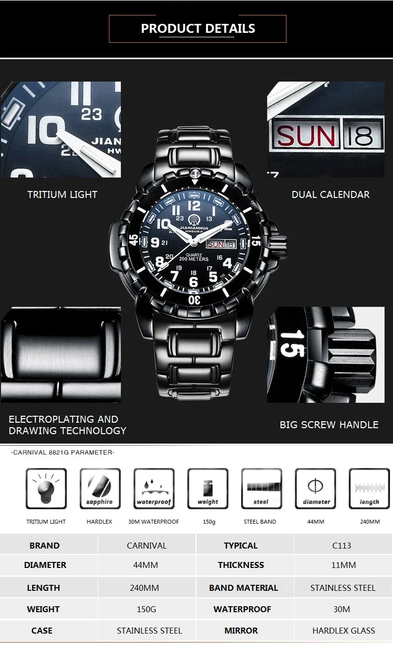 Высококлассные спортивные часы CARNIVAL 200 м, водонепроницаемые, для дайвинга, для плавания, кварцевые часы, швейцарский кварцевый механизм, Тритий, светящиеся военные часы для мужчин