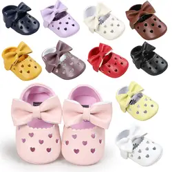 Летняя детская обувь из искусственной кожи, с вырезами, с бантом-бабочкой, на мягкой подошве, для малышей 0-18 месяцев, для маленьких девочек