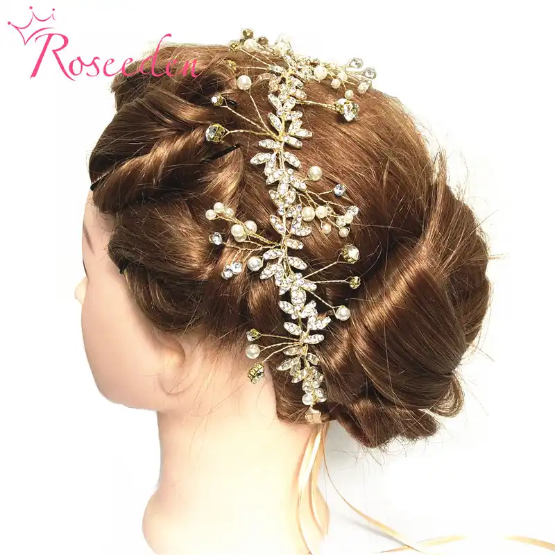 New Vintage Diamante 100 Handmade Bridal Headband Gold Pearl