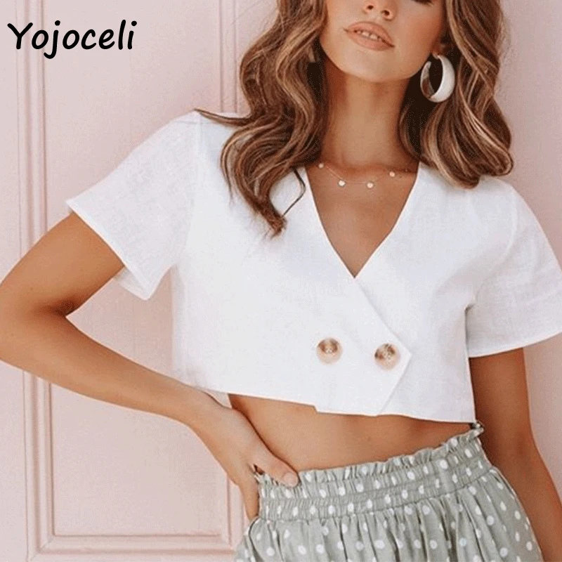 Yojoceli белые хлопковые короткие женские блузки рубашки 2019 летние Обрезанные