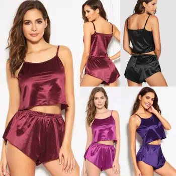 

Women Sleeveless Crop Night Sleepwear Nightwear Dress Shorts Pajamas 2Pcs Set