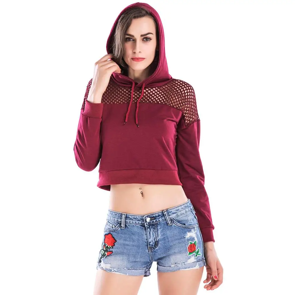 Red Long Sleeve Crop Top Hollow Out Hooded Sweatshirt Fashion Top 2018 ...