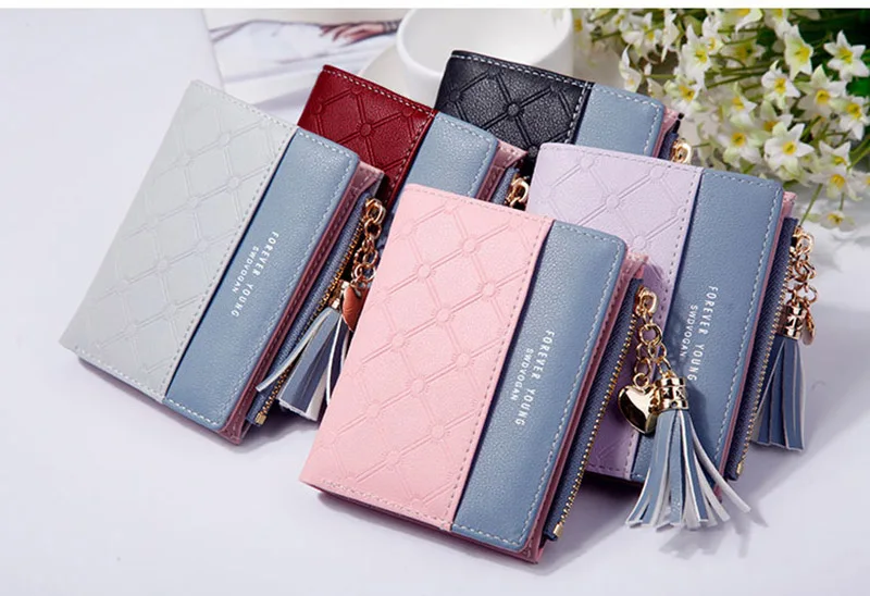 Women Wallet Female Short Paragraph Coin Purse Color Wallet Women Small Fold Wallets Tassel Zipper Button Bag Credit Card Holder (23)