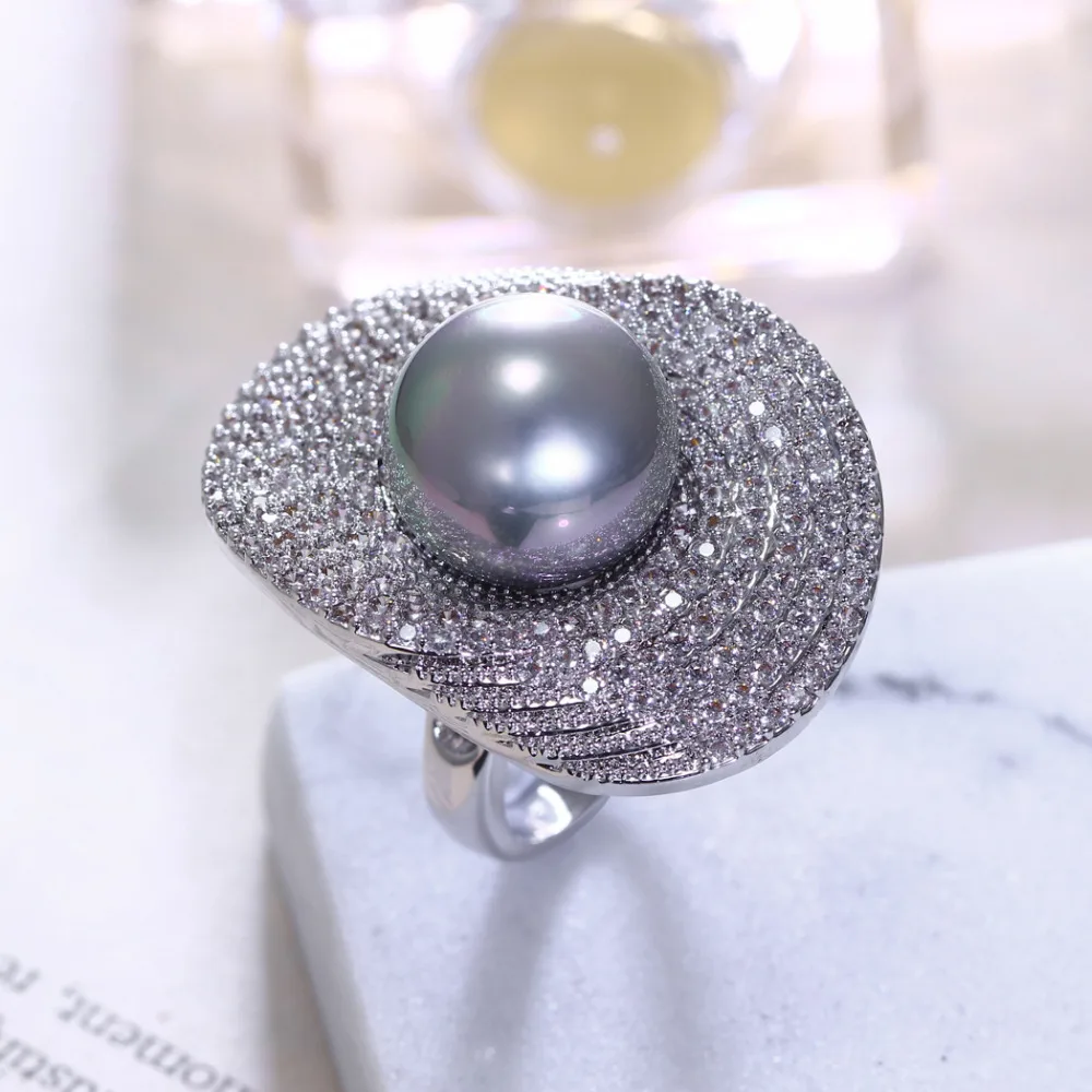 

Beauty Fashion Women Big Rings Bohemia Style Amazing Engagement Rings Synthetic Pearls White Color With Cubic Zirconia Lead Free