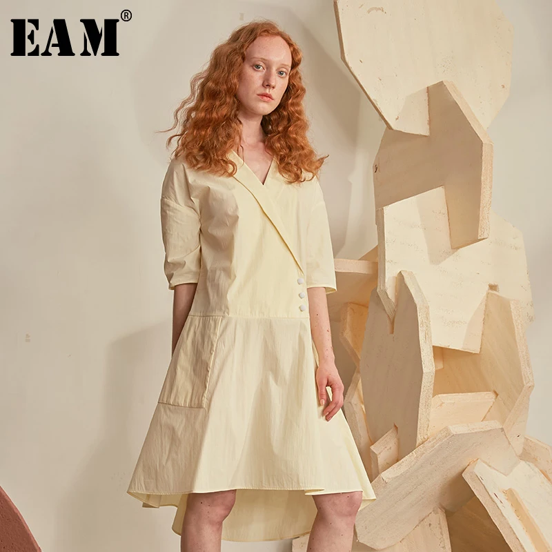 

[EAM] 2019 New Spring Summer V-Neck Half Sleeve Irregular Ruffles Button Spliced Brief Loose Dress Women Fashion Tide JX181
