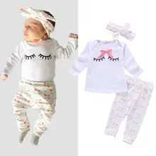 Модная одежда для маленьких девочек футболка с длинными рукавами Топы и штаны Милая хлопковая повязка на голову комплект одежды из 3 предметов для маленьких девочек