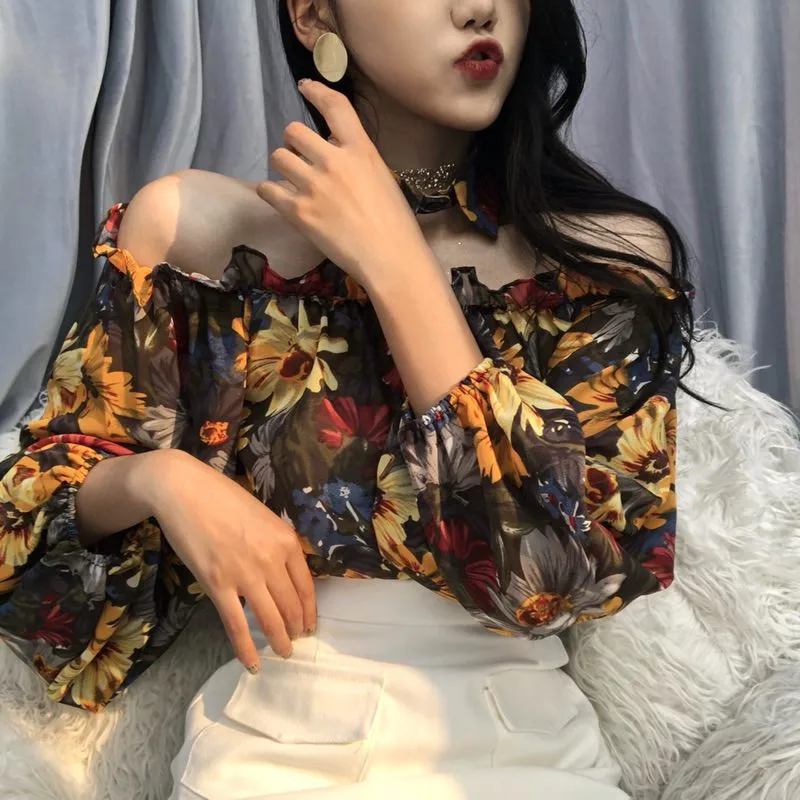  Woherb 2020 Summer Sexy Off Shoulder Long Sleeve Tops Floral Print Blouse Women Korean Vintage Ruff