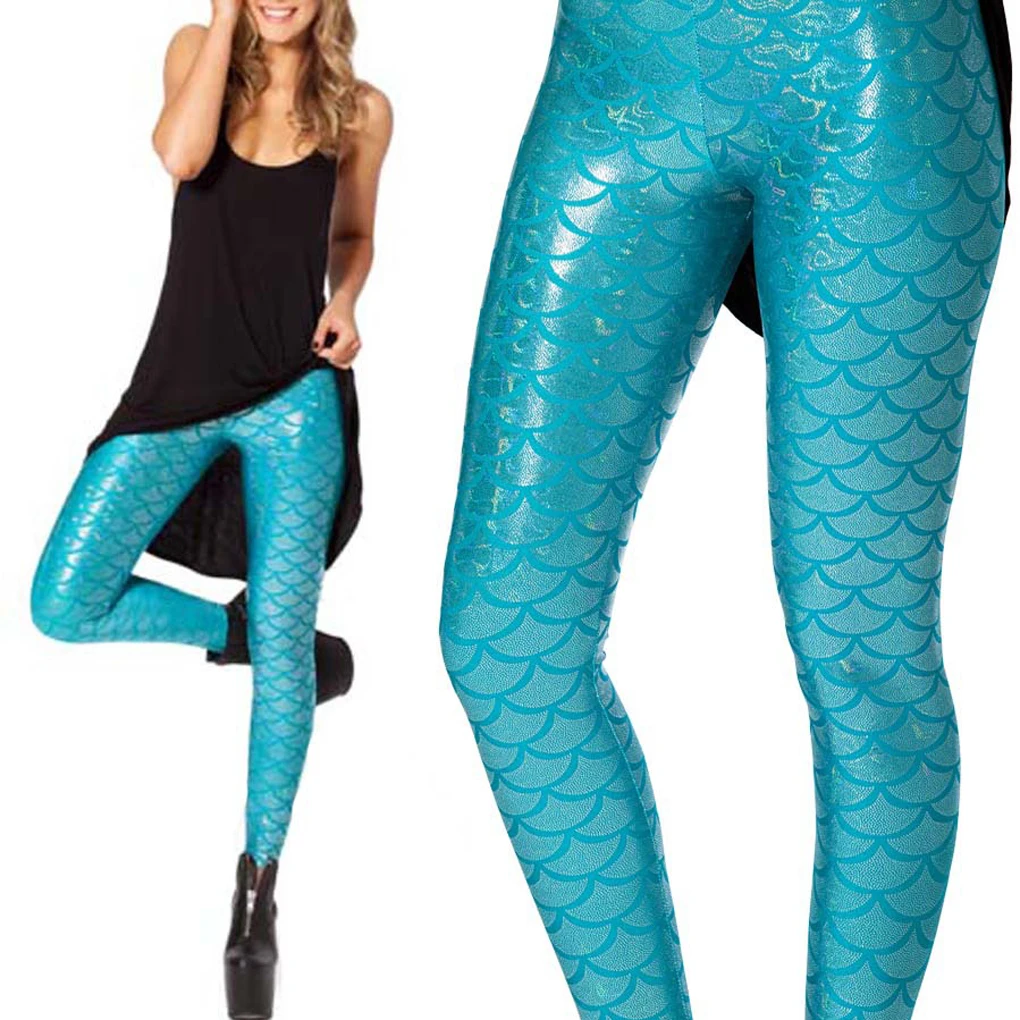 Women Fish scale printing stretch thin shiny mermaid printing Leggings pants