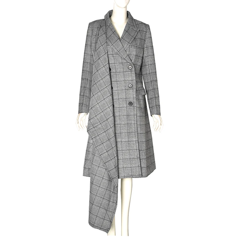 [EAM] Новинка, осенне-зимняя куртка с отворотом, длинным рукавом, серая, в клетку, с неровной строчкой, свободная, длинная, индивидуальная куртка, Женское пальто JG626