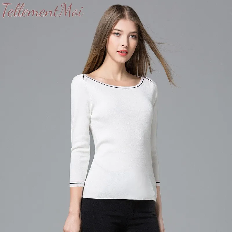 2019 Spring Women Simple Sweater Long Sleeve Stretchy Knitted Pullovers Slash Neck Contrast Jumpers Knit Shirt Clothes Chic Tops 2019 Spring Women Simple Sweater Long Sleeve Stretchy Knitted Pullovers Slash Neck Contrast Jumpers Knit Shirt Clothes Chic Tops