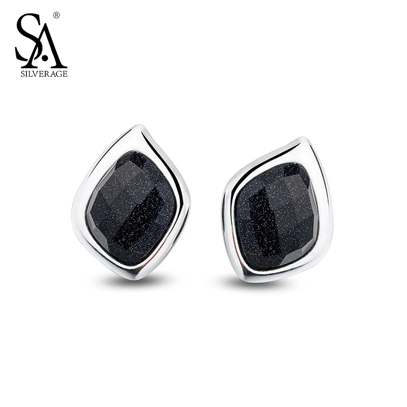 

SA SILVERAGE Silver 925 Jewelry Earring Geometry Black Stone Stud Earrings Pure Silver Jewelry For Women Gift
