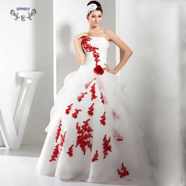Adorable Ball Gown White And Red Wedding Dress 2017 Strapless Adorable Ball Gown White And Red Wedding Dress 2017 Strapless Sleeveless Liques Floor Length Vestidos