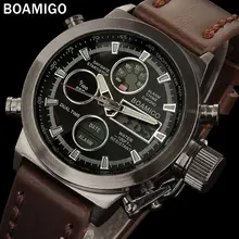 BOAMIGO men sports watches brown leather band man military quartz LED digital analog casual wristwatches waterproof reloj hombre