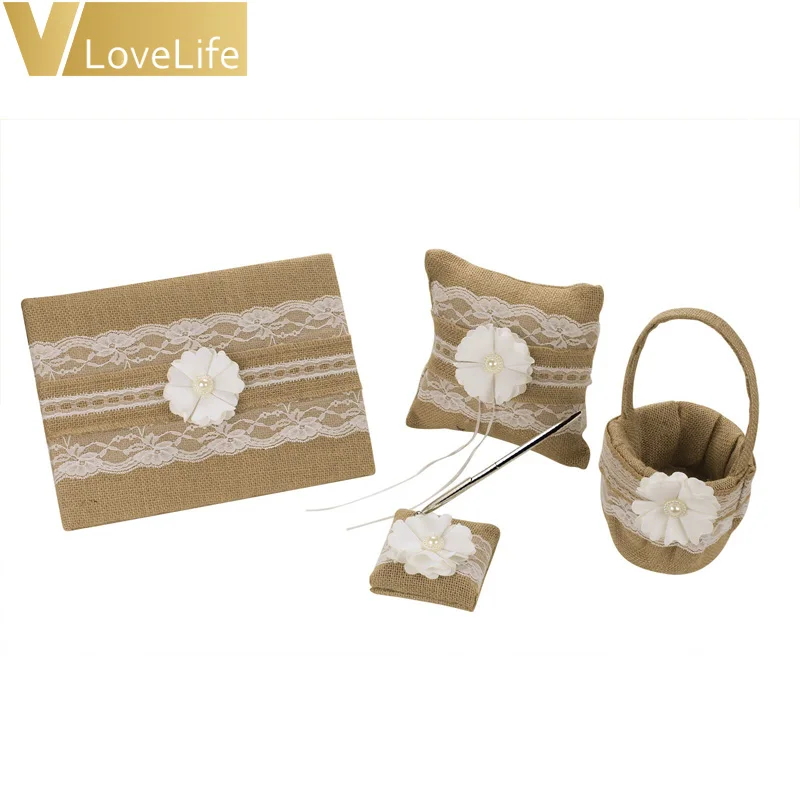 

Burlap 4Pcs/Set Linen Lace Rustic Guest Book Wedding Ring PillowFlower Basket Decoration Pen Stand Wedding Ceremony Supplies