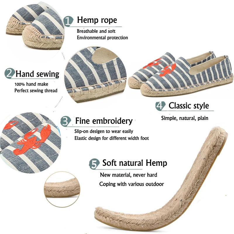 Minmclas/модные удобные женские повседневные эспадрильи в синюю полоску с вышивкой в виде Омаров; дышащая льняная парусиновая обувь из пеньки