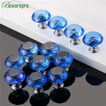 

bowarepro Diamond Crystal Glass knob kitchen cabinet accessories hardware furniture handle accessory 30mm 12+36Pcs Screws Blue