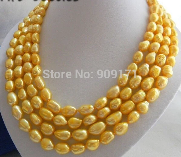 

Free Shipping>>>4Strands 18'' 9MM Golden Baroque Freshwater Pearl Necklace