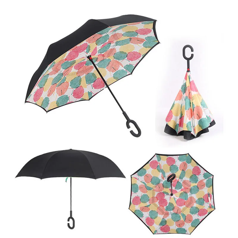 Двуслойная Ветрозащита перевернутый Зонт с-образной ручкой Дождь Защита от солнца обратный женские зонты Самостоятельная подставка руки бесплатно