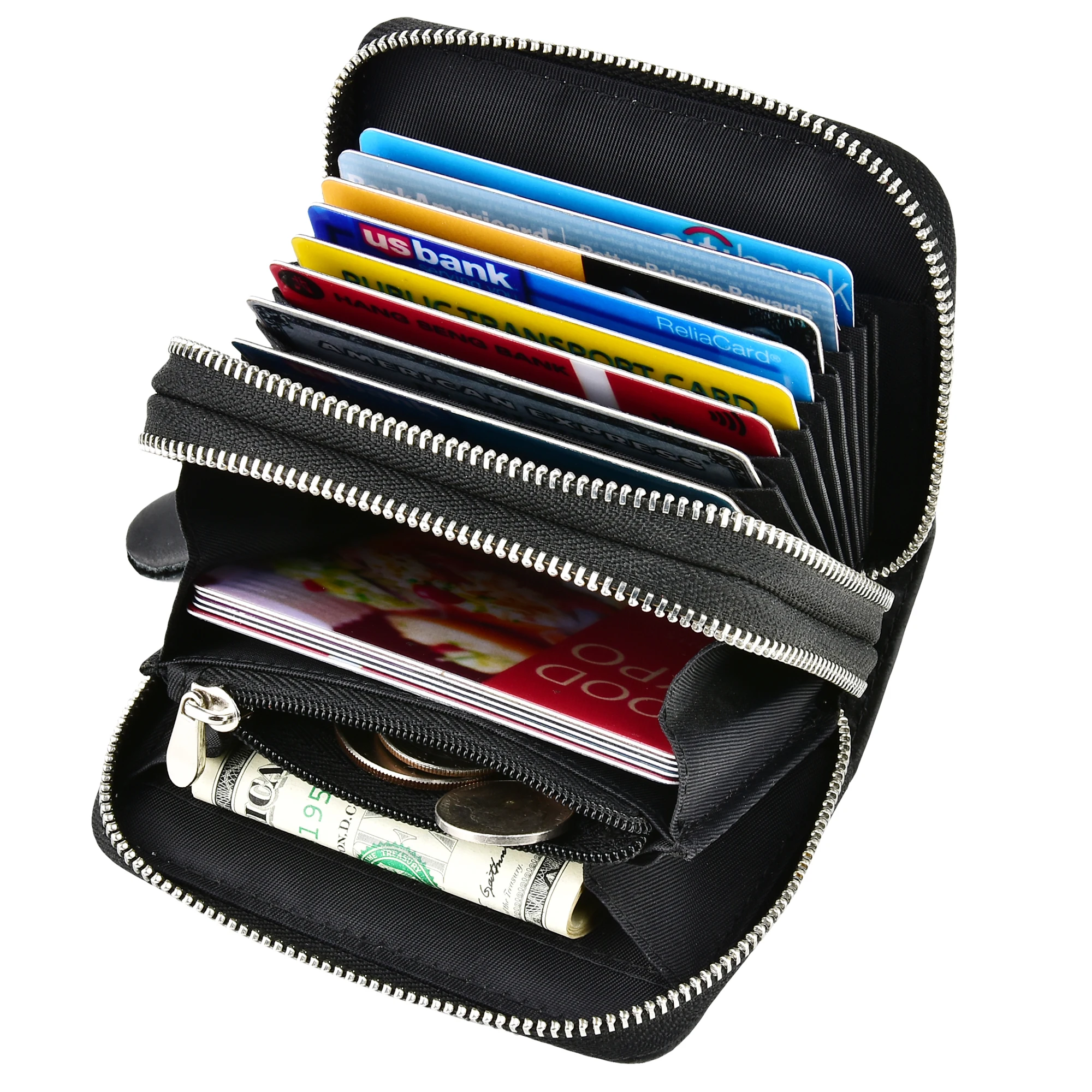 

Accordion Wallet RFID Waxed Oil Leather Zipper Card Wallet for Women Credit Card Holder Small Purse