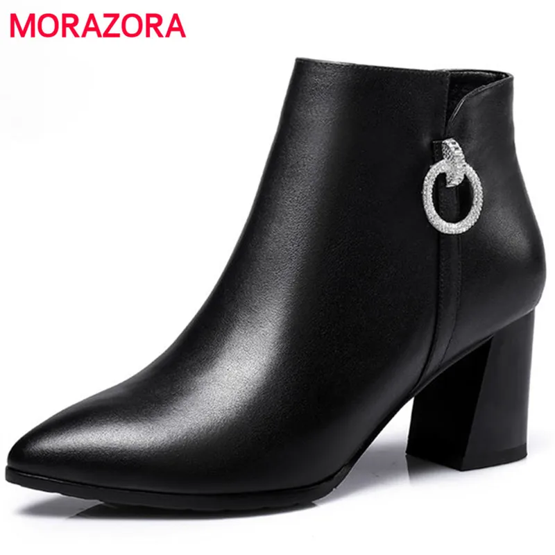 

MORAZORA 2018 new sexy pointed toe high heel women boots comfortable short plush genuine leather boots square heel zipper boots