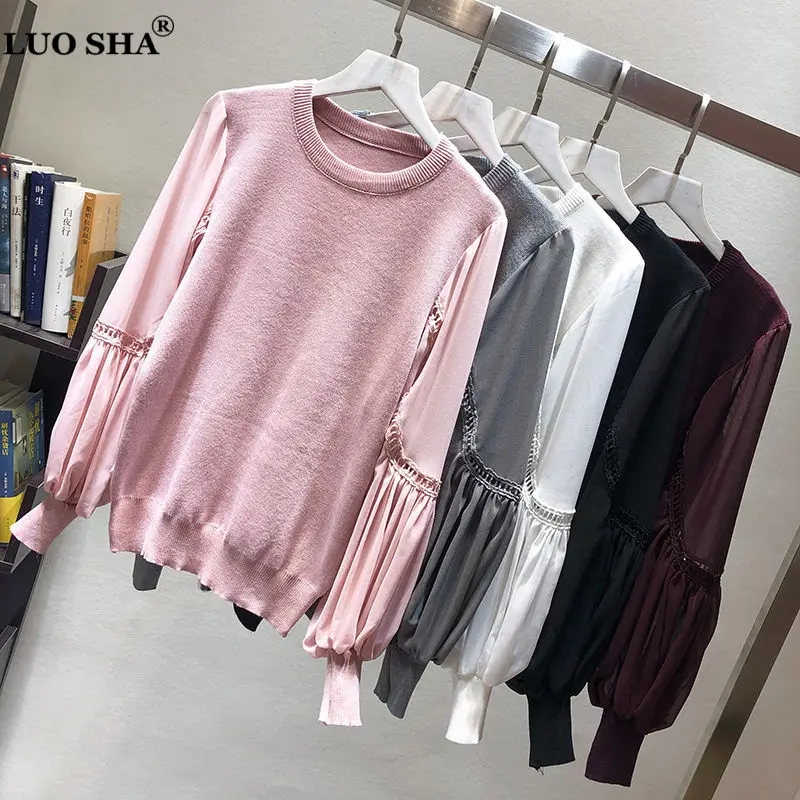 LUOSHA Women Autumn Winter Knitted Hollow Out Chiffon Lantern Sleeve Embroidery Pullover And Sweaters Female Jumper Pull Femme | Женская
