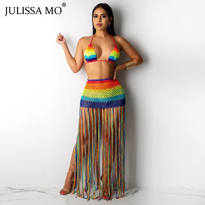 

JULISSA MO Two Piece Set Sexy Halter Summer Dress Women Rainbow Striped Tassel Long Dress Fashion Hollow Out Beach Party Dresses
