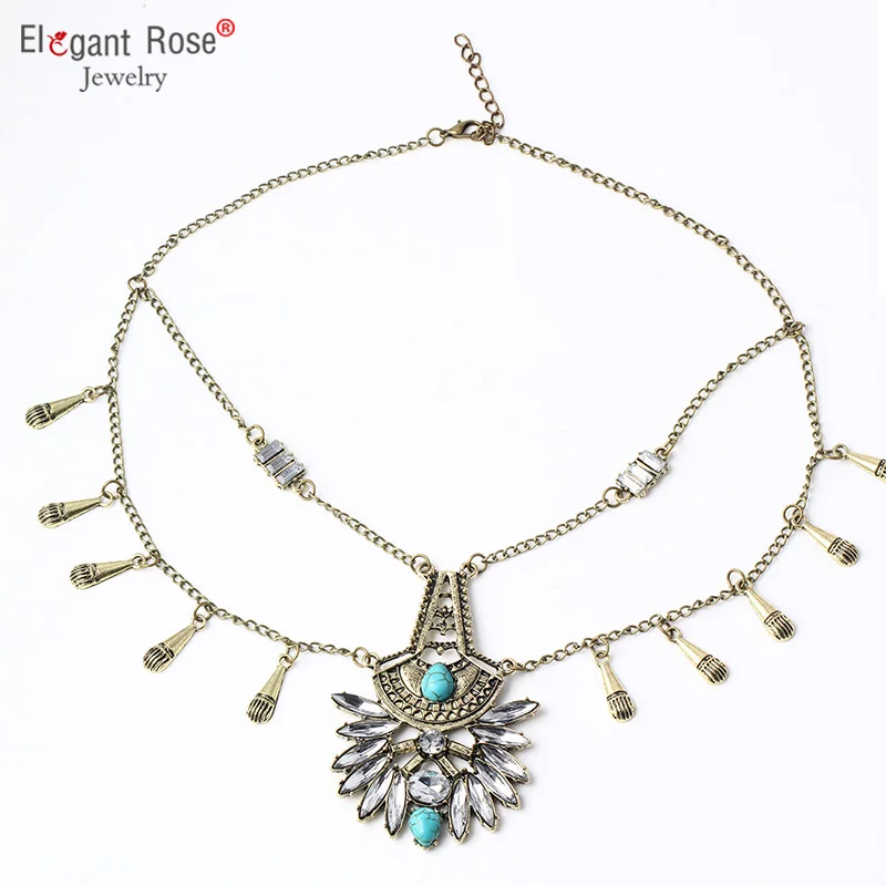 Vintage Boho Women Statement Necklace for Women Silver Plated Turquoise Ethnic Pendants for Girl Beach Jewelry N2914