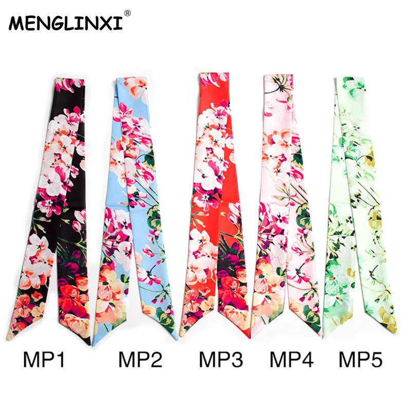 

2019 Luxury Brand Women Floral Print Silk Scarf Bags Handbag Scarf Small Ribbon Long Hair Band Tie Multi-function Lady Scarves