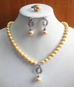 

hot Fast shipping + Charming Women'S Pure Yellow Pearl Necklace Earring Ring(7/8/9)Jewelry Set hot