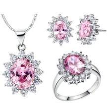 925 наборы из стерлингового серебра Цвет с украшением в виде кристаллов для Для женщин свадебных ювелирных изделий 925 пробы серебро, красный/фиолетовый/розовое ожерелье серьги SS005