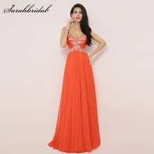 Элегантный оранжевый длинное шифоновое платье для выпускного вечера-Line бисером v-образным вырезом спинки Разделение сбоку Вечерние платья этаж Длина Роскошные Кристаллы XU002