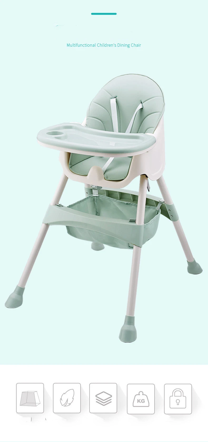 PP Material Safety Children's Dining High Chair Adjustable Foldable Seat Multi-function Portable Baby Feeding Chair For Babies